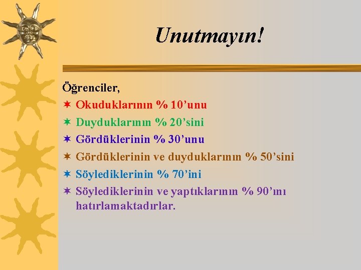 Unutmayın! Öğrenciler, ¬ Okuduklarının % 10’unu ¬ Duyduklarının % 20’sini ¬ Gördüklerinin % 30’unu