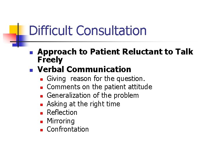 Difficult Consultation n n Approach to Patient Reluctant to Talk Freely Verbal Communication n