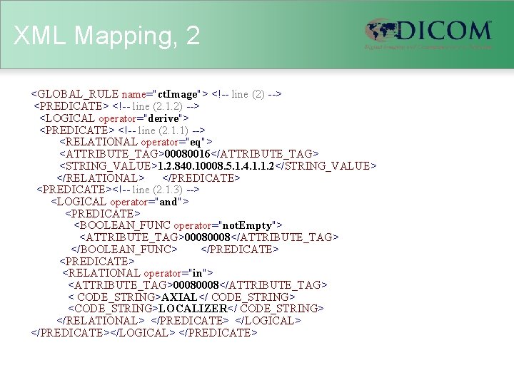 XML Mapping, 2 <GLOBAL_RULE name="ct. Image"> <!-- line (2) --> <PREDICATE> <!-- line (2.