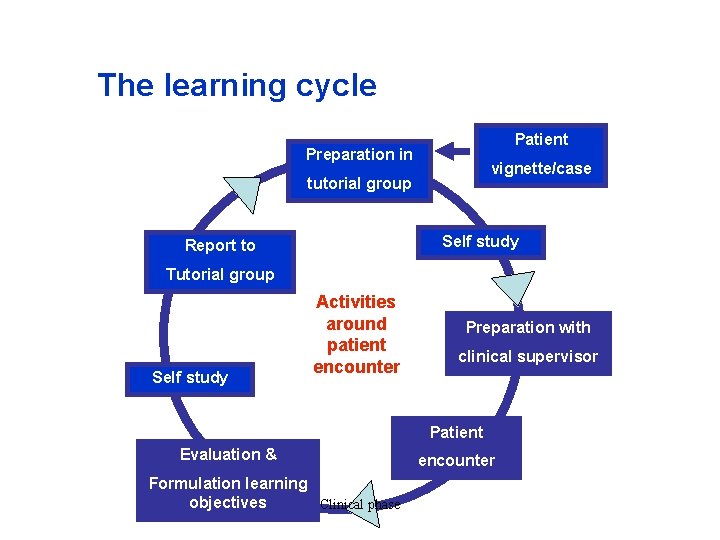 The learning cycle Patient Preparation in vignette/case tutorial group Self study Report to Tutorial