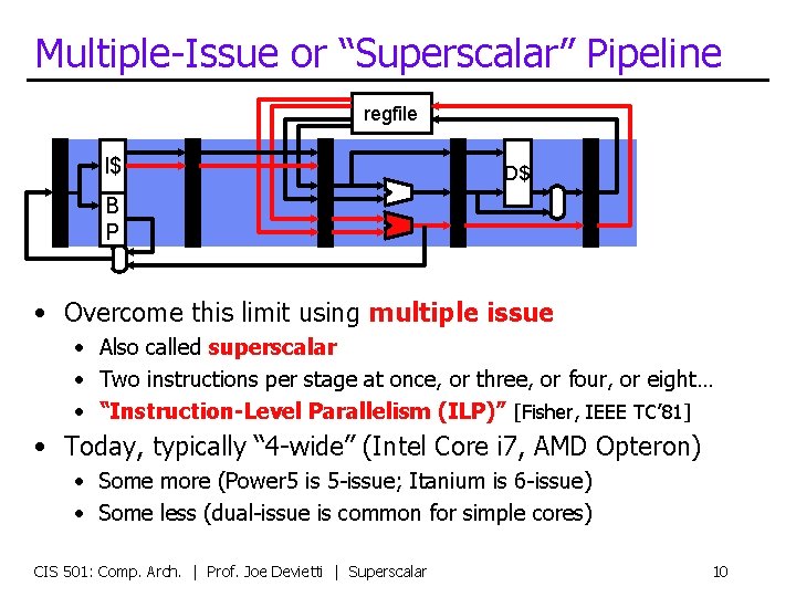 Multiple-Issue or “Superscalar” Pipeline regfile I$ D$ B P • Overcome this limit using
