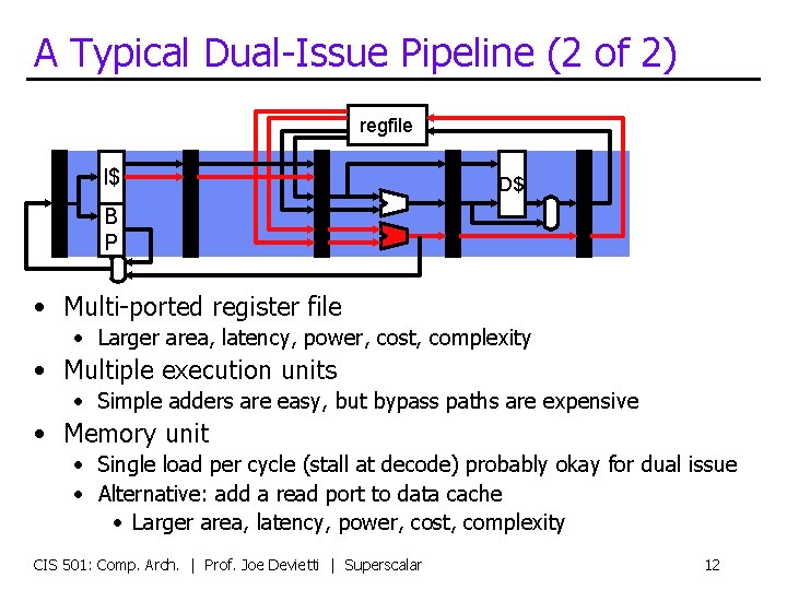 A Typical Dual-Issue Pipeline (2 of 2) regfile I$ D$ B P • Multi-ported