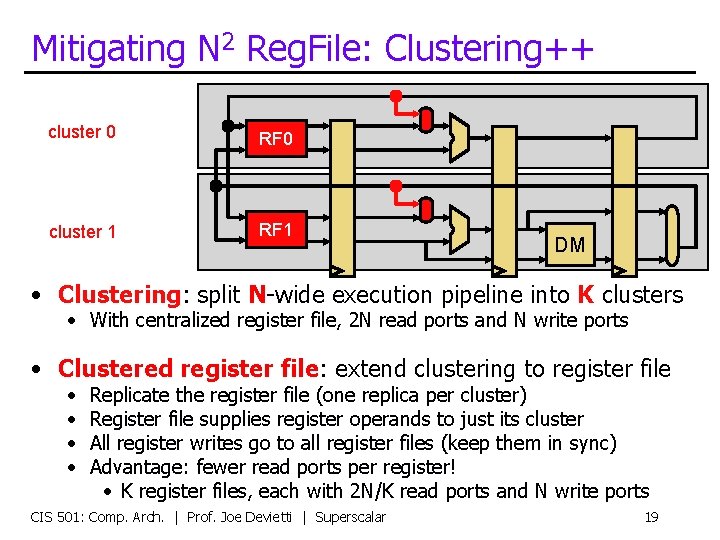 Mitigating N 2 Reg. File: Clustering++ cluster 0 RF 0 cluster 1 RF 1