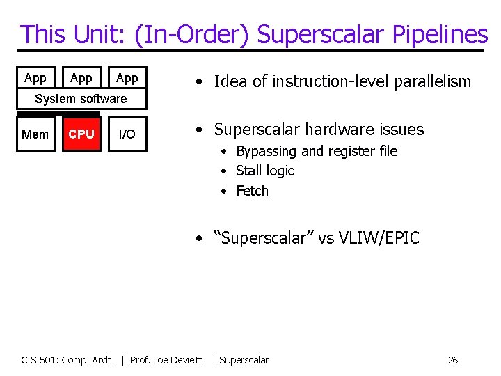 This Unit: (In-Order) Superscalar Pipelines App App • Idea of instruction-level parallelism System software
