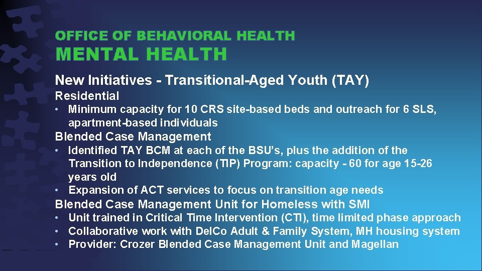 OFFICE OF BEHAVIORAL HEALTH MENTAL HEALTH New Initiatives - Transitional-Aged Youth (TAY) Residential •