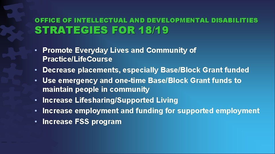 OFFICE OF INTELLECTUAL AND DEVELOPMENTAL DISABILITIES STRATEGIES FOR 18/19 • Promote Everyday Lives and