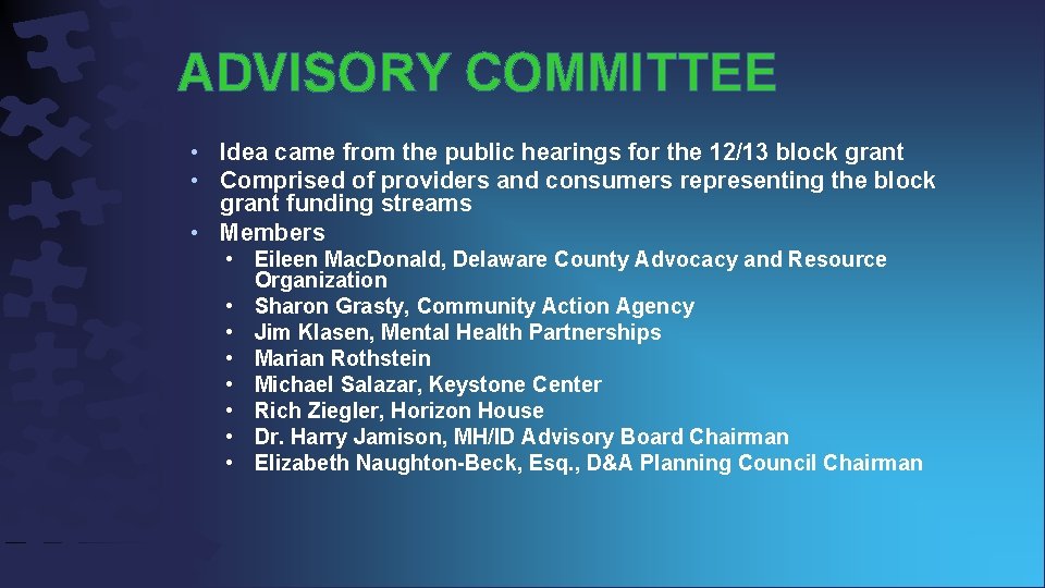 ADVISORY COMMITTEE • Idea came from the public hearings for the 12/13 block grant
