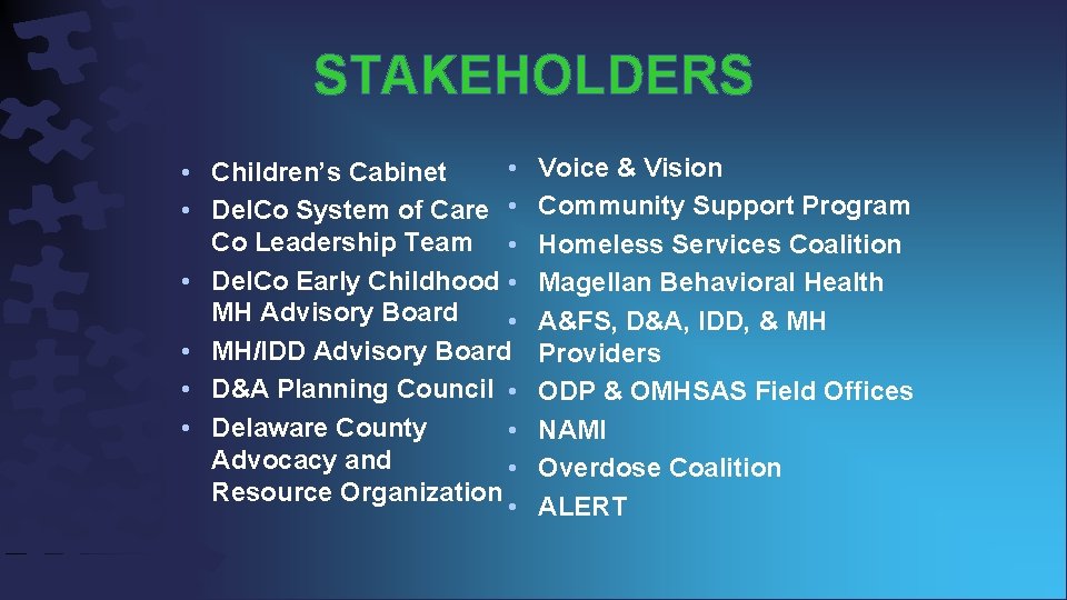 STAKEHOLDERS • • Children’s Cabinet • Del. Co System of Care • Co Leadership