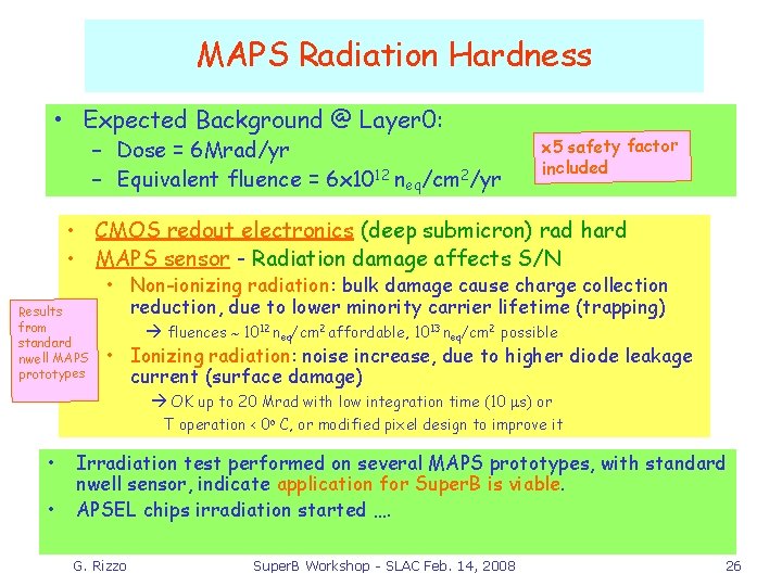 MAPS Radiation Hardness • Expected Background @ Layer 0: – Dose = 6 Mrad/yr