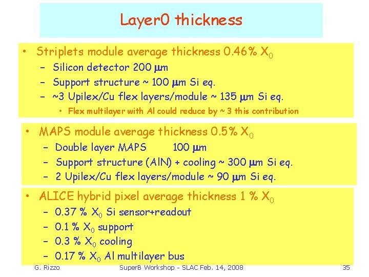 Layer 0 thickness • Striplets module average thickness 0. 46% X 0 – Silicon