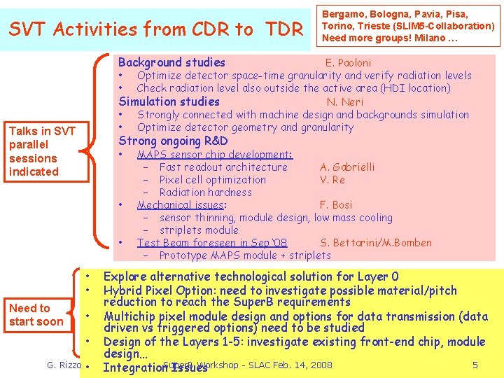 SVT Activities from CDR to TDR Bergamo, Bologna, Pavia, Pisa, Torino, Trieste (SLIM 5