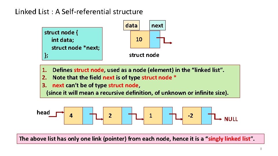 Linked List : A Self-referential structure data struct node { int data; struct node