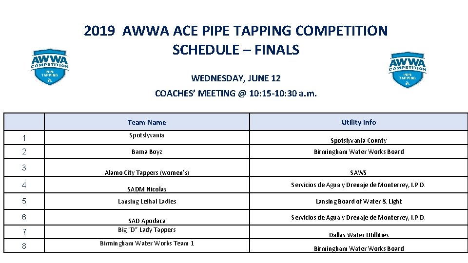 2019 AWWA ACE PIPE TAPPING COMPETITION SCHEDULE – FINALS WEDNESDAY, JUNE 12 COACHES’ MEETING