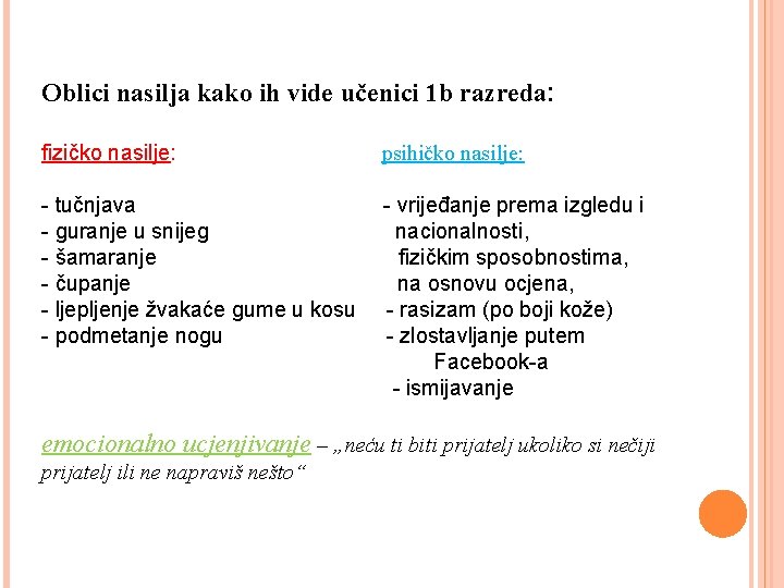 Oblici nasilja kako ih vide učenici 1 b razreda: fizičko nasilje: psihičko nasilje: -