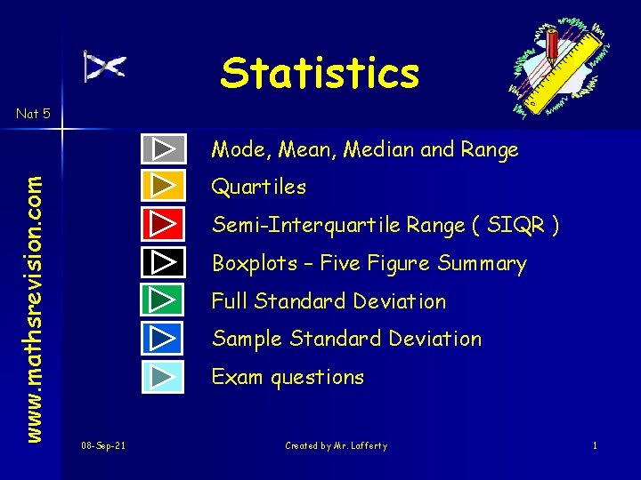 Statistics Nat 5 www. mathsrevision. com Mode, Mean, Median and Range Quartiles Semi-Interquartile Range