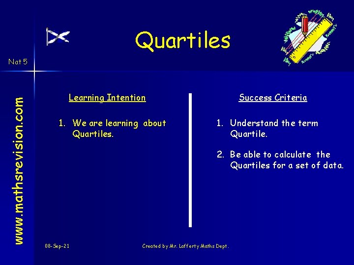 Quartiles www. mathsrevision. com Nat 5 Learning Intention 1. We are learning about Quartiles.