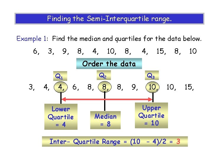 Finding the Semi-Interquartile range. Example 1: Find the median and quartiles for the data