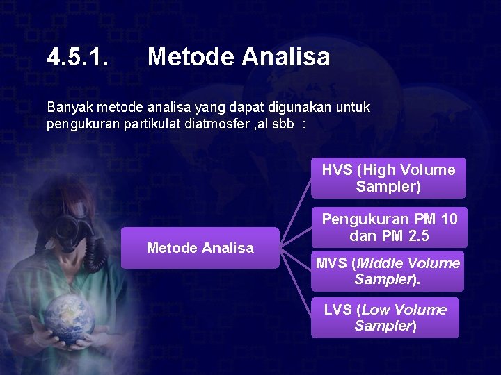 4. 5. 1. Metode Analisa Banyak metode analisa yang dapat digunakan untuk pengukuran partikulat 4. 5. 1. Metode Analisa Banyak metode analisa yang dapat digunakan untuk pengukuran partikulat