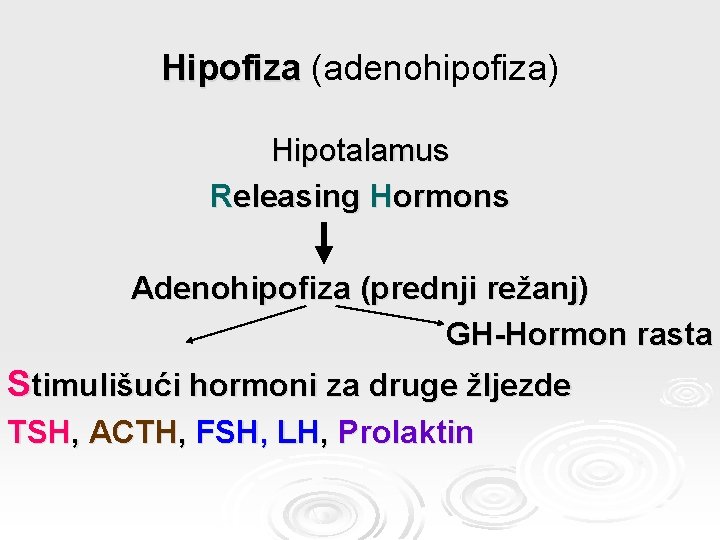 Hipofiza (adenohipofiza) Hipotalamus Relеаsing Hormons Adenohipofiza (prednji režanj) GH-Hormon rasta Stimulišući hormoni za druge