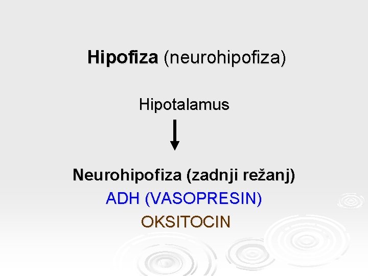 Hipofiza (neurohipofiza) Hipotalamus Neurohipofiza (zadnji režanj) ADH (VASOPRESIN) OKSITOCIN 