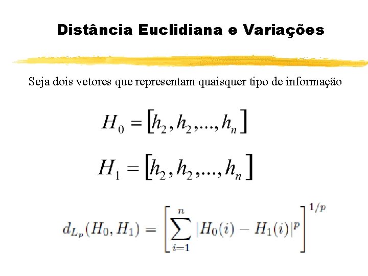 Distância Euclidiana e Variações Seja dois vetores que representam quaisquer tipo de informação 