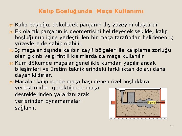 Kalıp Boşluğunda Maça Kullanımı Kalıp boşluğu, dökülecek parçanın dış yüzeyini oluşturur Ek olarak parçanın