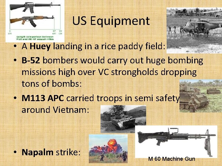 US Equipment • A Huey landing in a rice paddy field: • B-52 bombers US Equipment • A Huey landing in a rice paddy field: • B-52 bombers