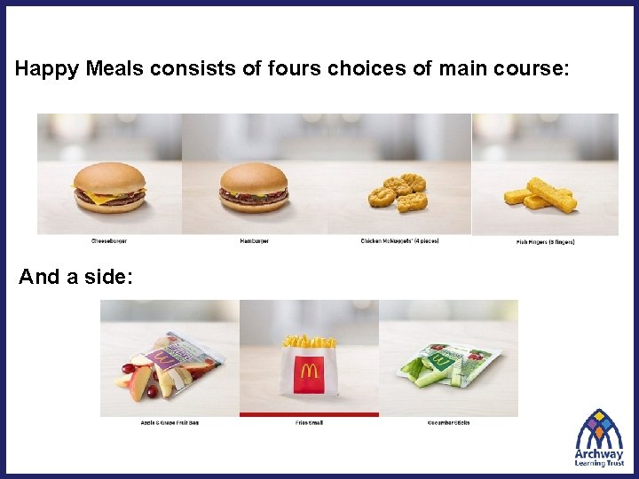 Happy Meals consists of fours choices of main course: And a side: 