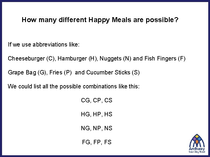 How many different Happy Meals are possible? If we use abbreviations like: Cheeseburger (C),