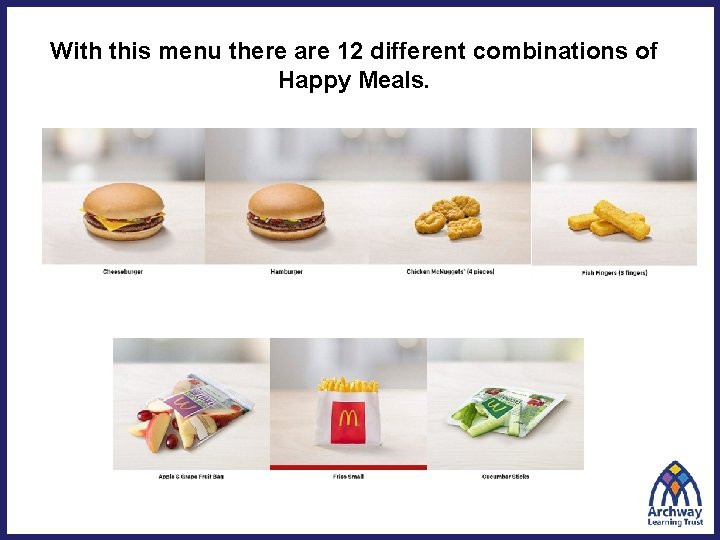 With this menu there are 12 different combinations of Happy Meals. 