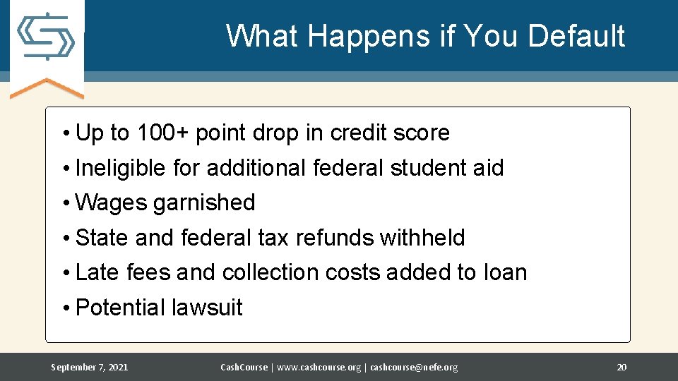 What Happens if You Default • Up to 100+ point drop in credit score