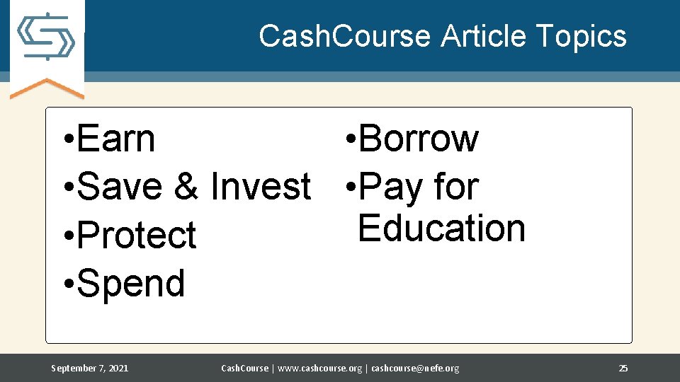 Cash. Course Article Topics • Borrow • Earn • Save & Invest • Pay