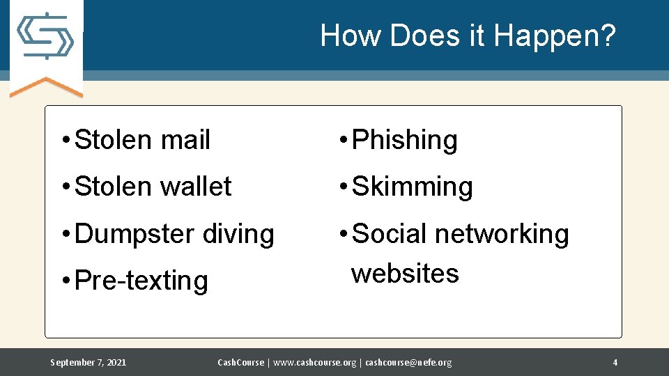 How Does it Happen? • Stolen mail • Phishing • Stolen wallet • Skimming