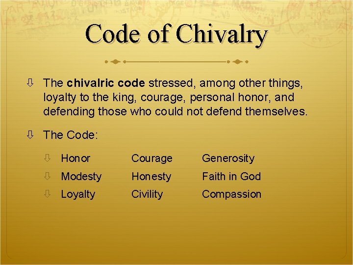 Code of Chivalry The chivalric code stressed, among other things, loyalty to the king,
