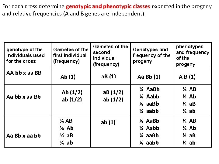 For each cross determine genotypic and phenotypic classes expected in the progeny and relative