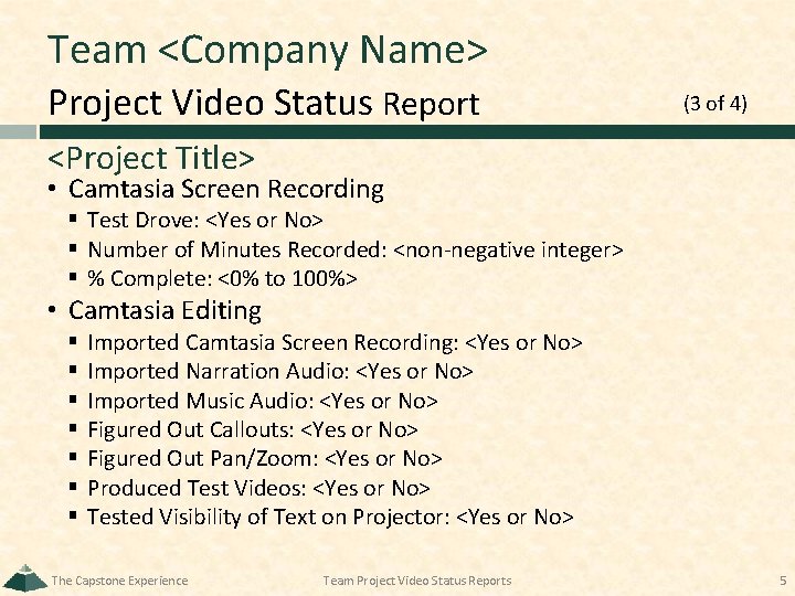 Team <Company Name> Project Video Status Report (3 of 4) <Project Title> • Camtasia