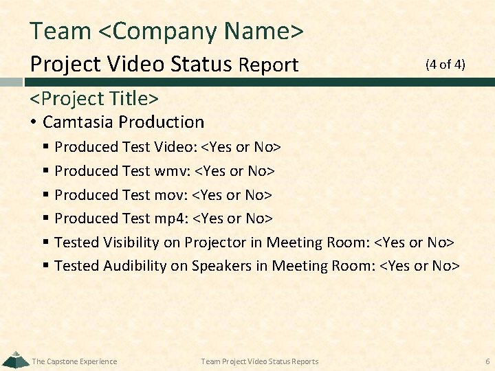 Team <Company Name> Project Video Status Report (4 of 4) <Project Title> • Camtasia