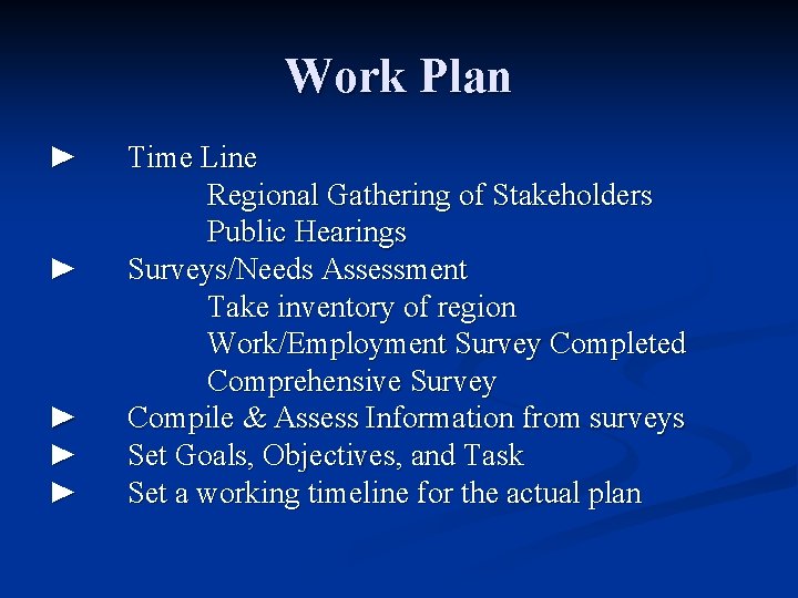 Work Plan ► ► ► Time Line Regional Gathering of Stakeholders Public Hearings Surveys/Needs
