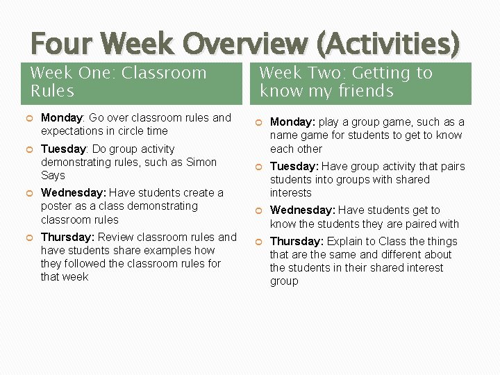 Four Week Overview (Activities) Week One: Classroom Rules Monday: Go over classroom rules and