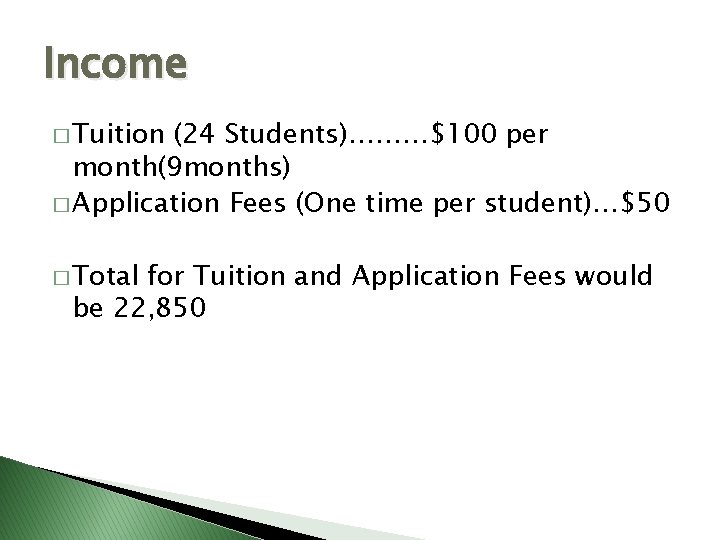 Income � Tuition (24 Students)………$100 per month(9 months) � Application Fees (One time per