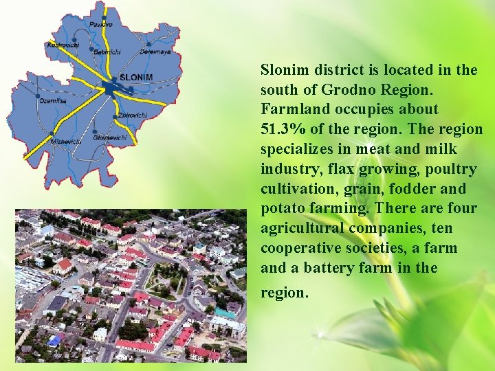 Slonim district is located in the south of Grodno Region. Farmland occupies about 51.