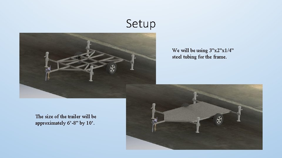 Setup We will be using 3”x 2”x 1/4” steel tubing for the frame. The