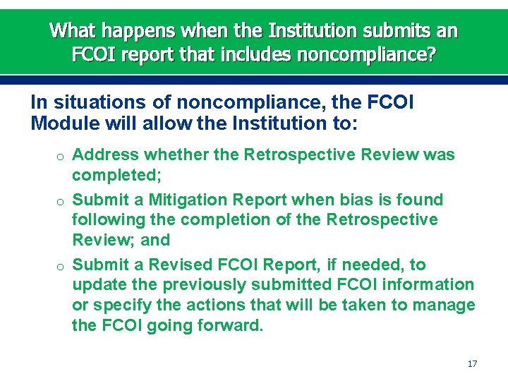 What happens when the Institution submits an FCOI report that includes noncompliance? In situations