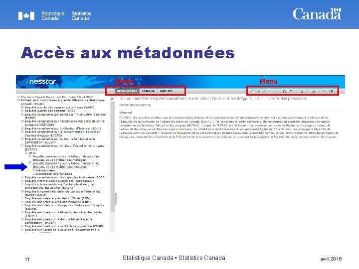 Accès aux métadonnées Mode 11 Statistique Canada • Statistics Canada Menu avril 2016 