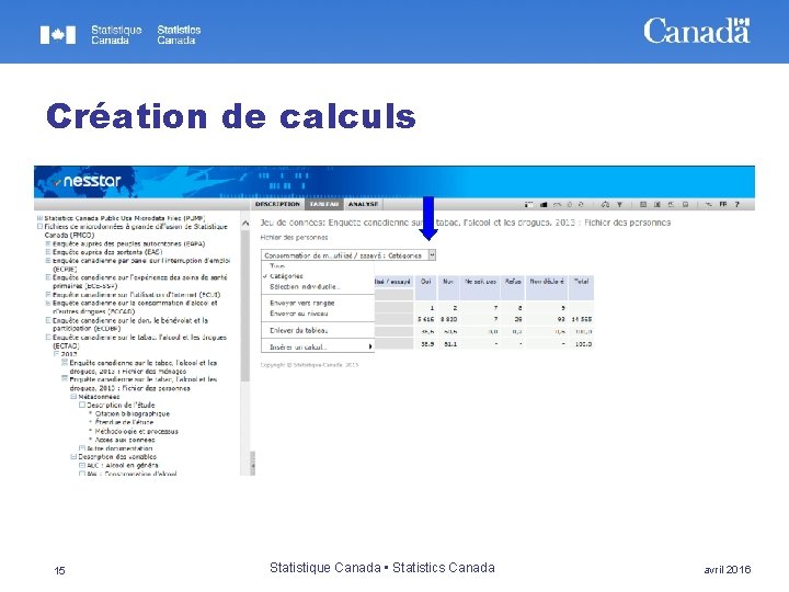 Création de calculs 15 Statistique Canada • Statistics Canada avril 2016 