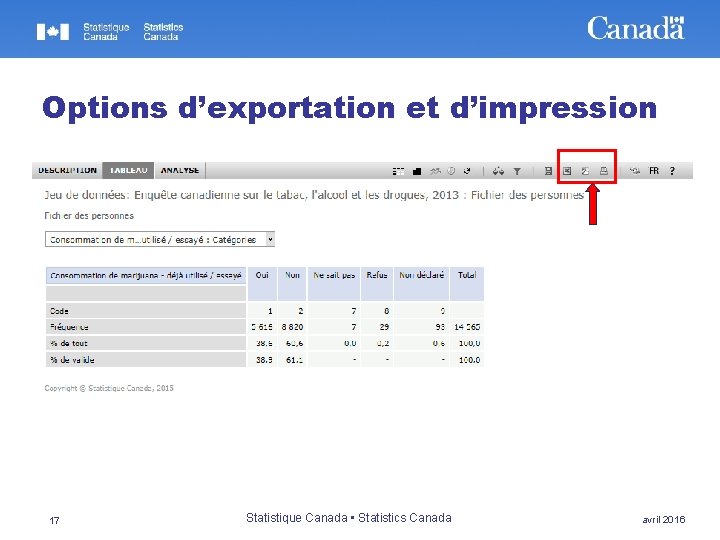 Options d’exportation et d’impression 17 Statistique Canada • Statistics Canada avril 2016 