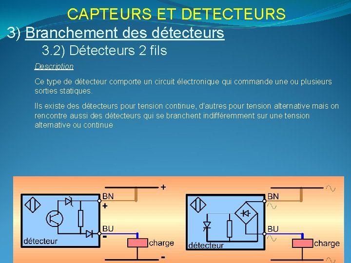 CAPTEURS ET DETECTEURS 3) Branchement des détecteurs 3. 2) Détecteurs 2 fils Description Ce