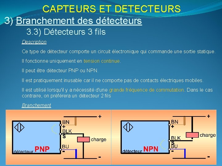 CAPTEURS ET DETECTEURS 3) Branchement des détecteurs 3. 3) Détecteurs 3 fils Description Ce