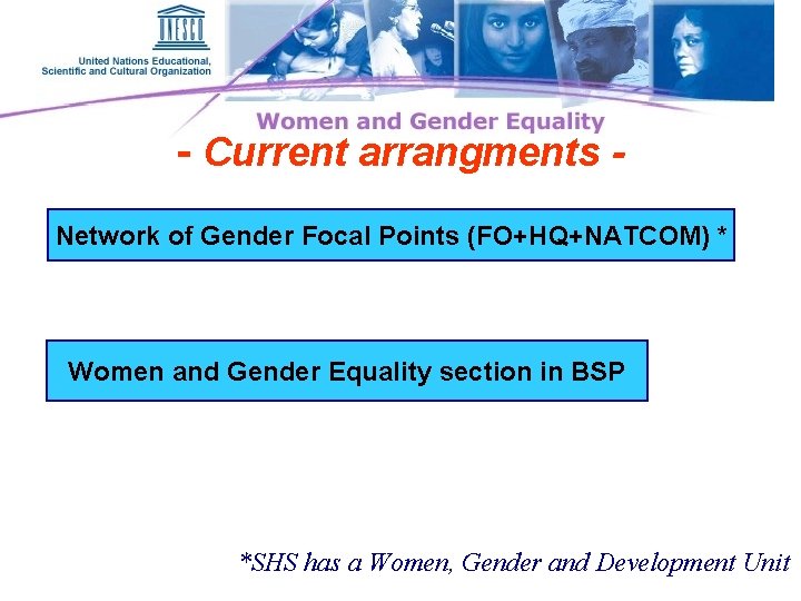 - Current arrangments Network of Gender Focal Points (FO+HQ+NATCOM) * Women and Gender Equality