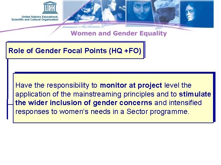 Role of Gender Focal Points (HQ +FO) Have the responsibility to monitor at project